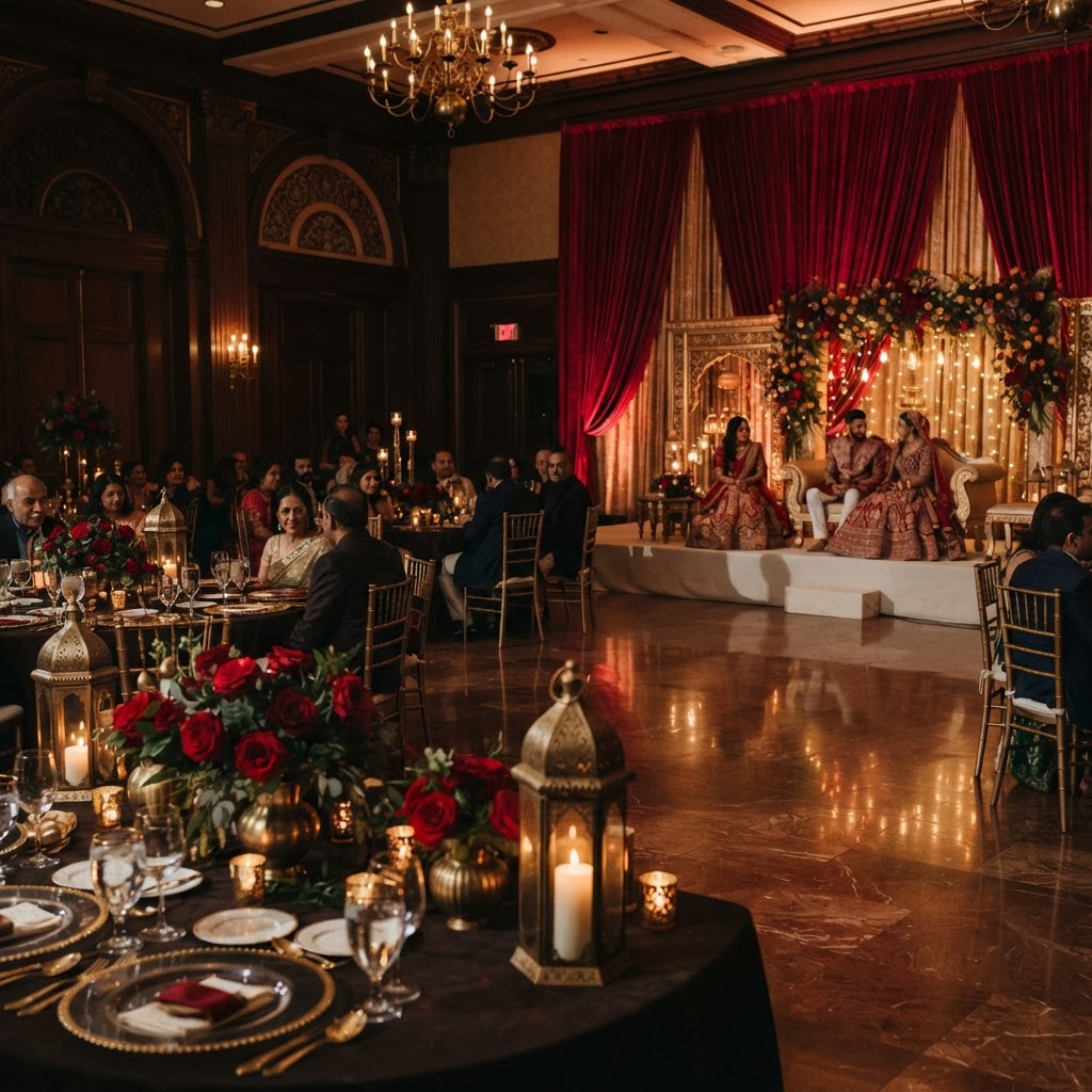 Elegant Red And Gold Reception Decor