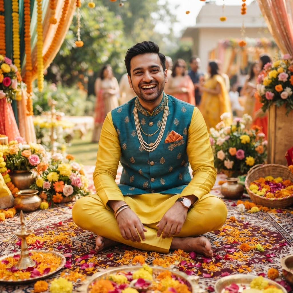 Yellow Kurta With Teal Embroidered Nehru Jacket