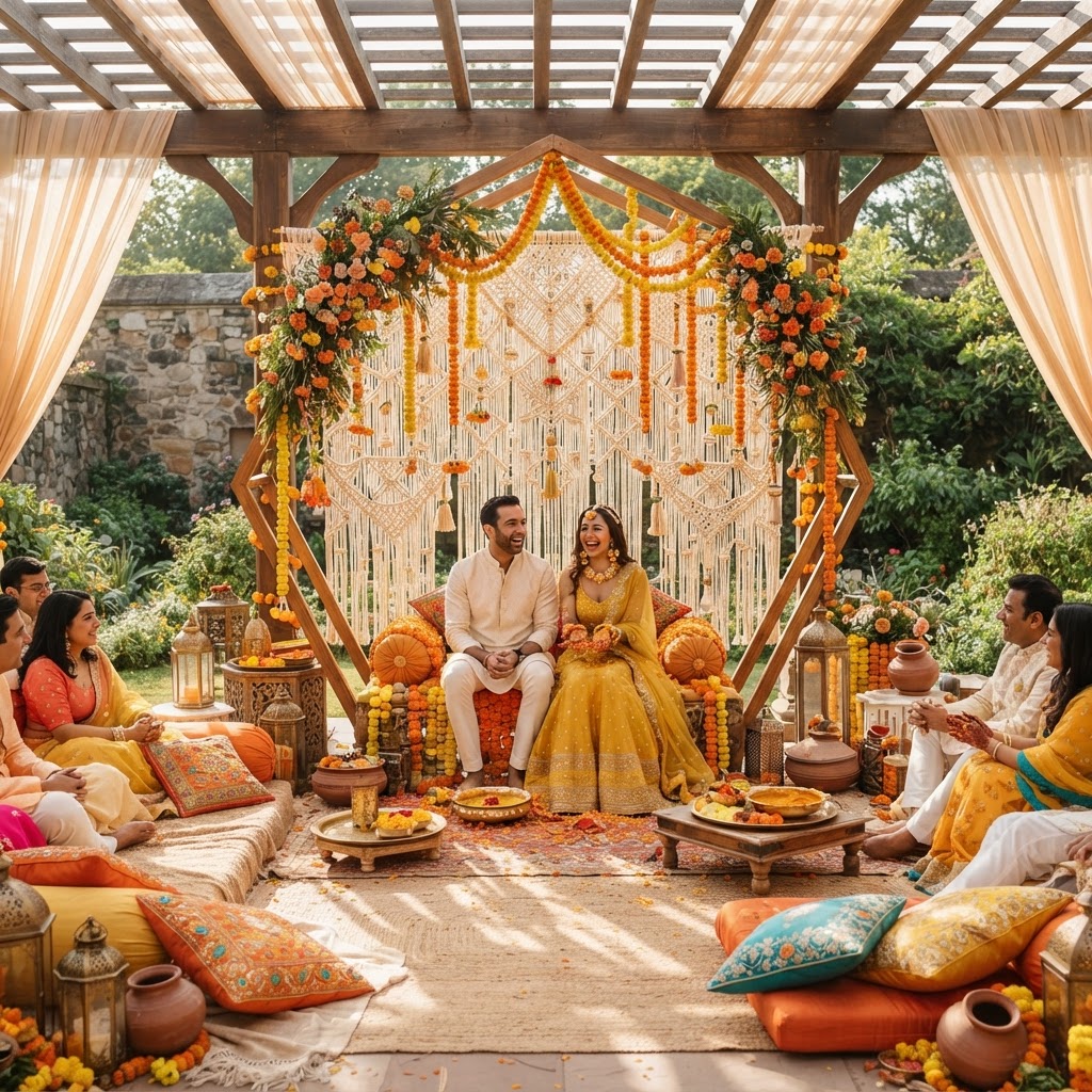 Boho Macrame Floral Haldi Ceremony Setup