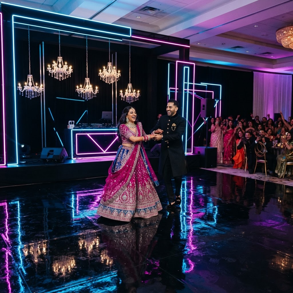 Neon Sangeet Stage With Dancing Couple
