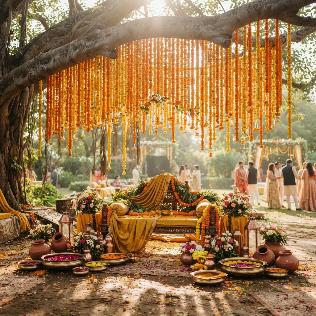 Outdoor Marigold Floral Haldi Ceremony Setup