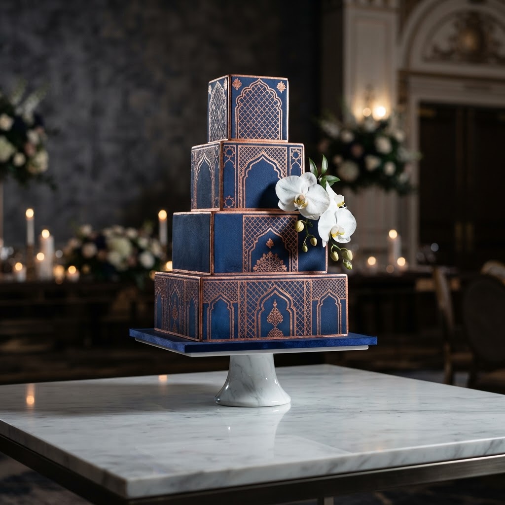 Navy And Rose Gold Arch Wedding Cake
