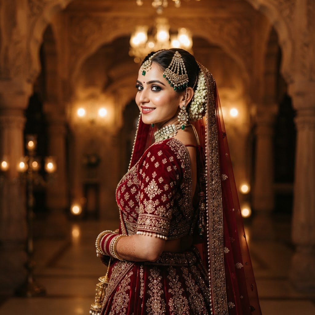Elegant Maroon Velvet Bridal Lehenga