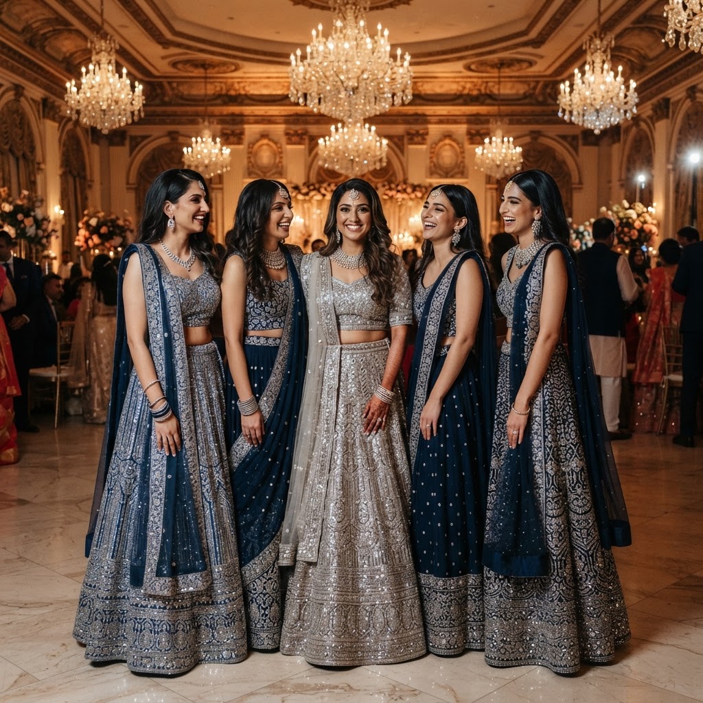 Navy and Silver Embellished Bridesmaids Lehengas
