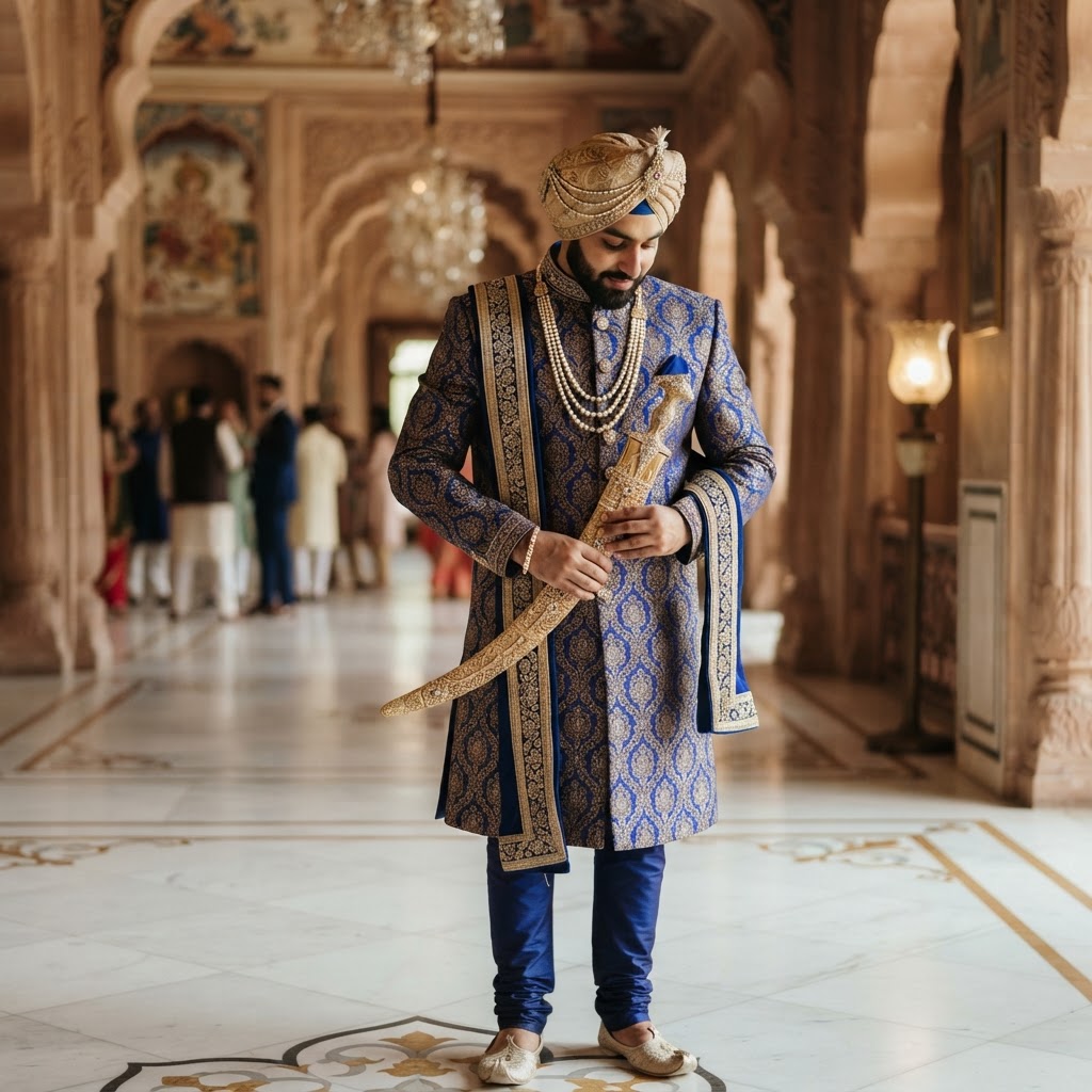 Royal Blue Embroidered Groom Sherwani With Kirpan