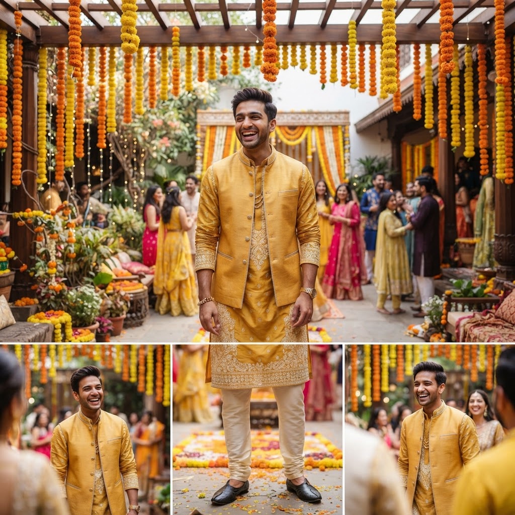 Mustard Yellow Embroidered Groom Engagement Outfit