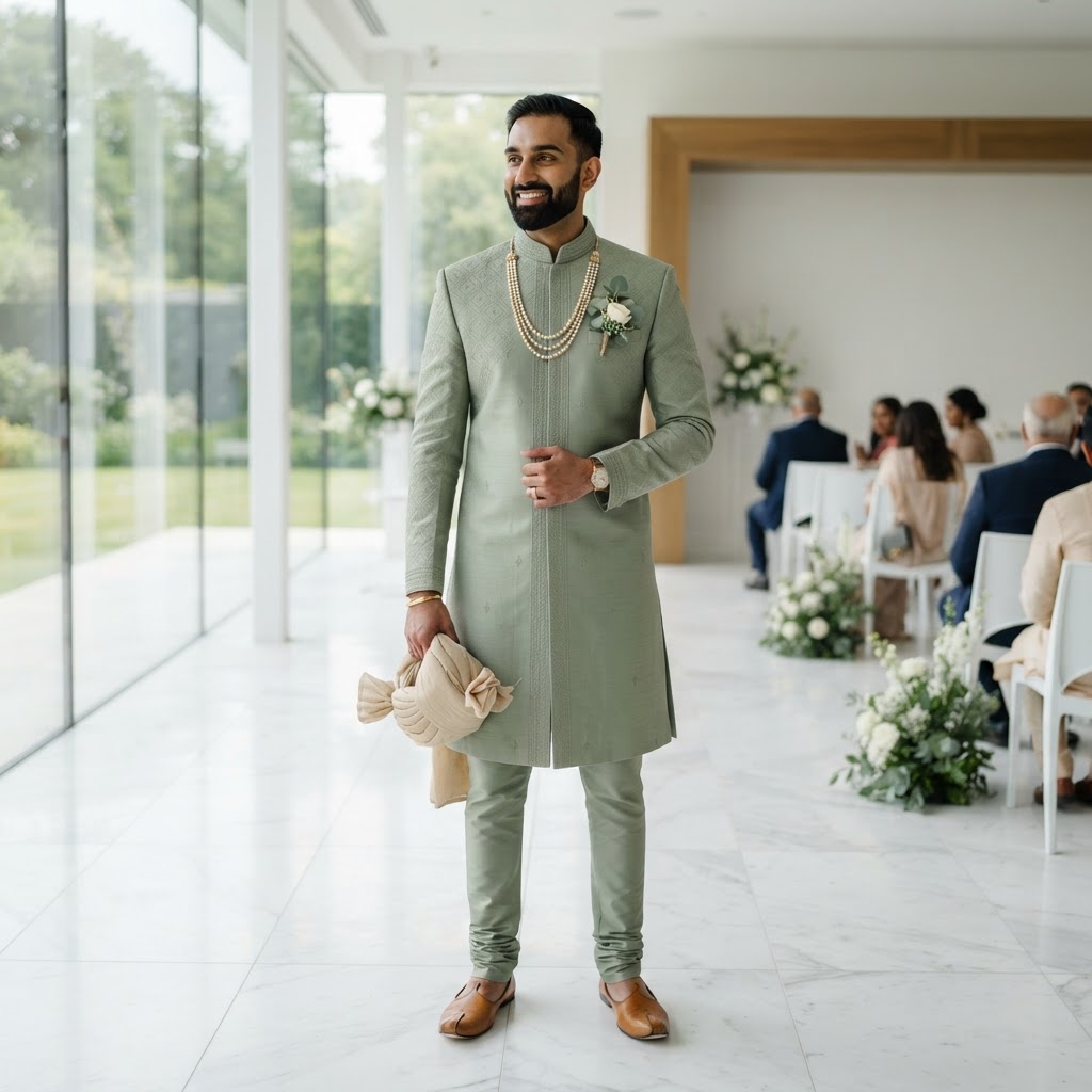 Sage Green Minimalist Groom Sherwani