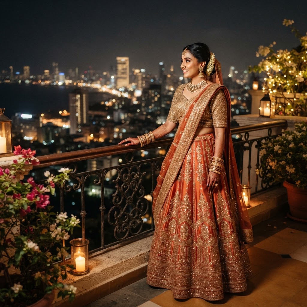 Burnt Orange Embroidered Bridal Lehenga