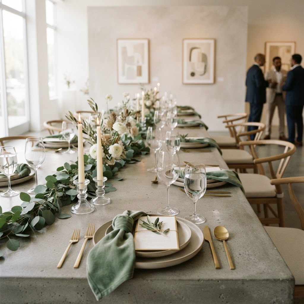 Minimalist Sage Green Reception Tablescape