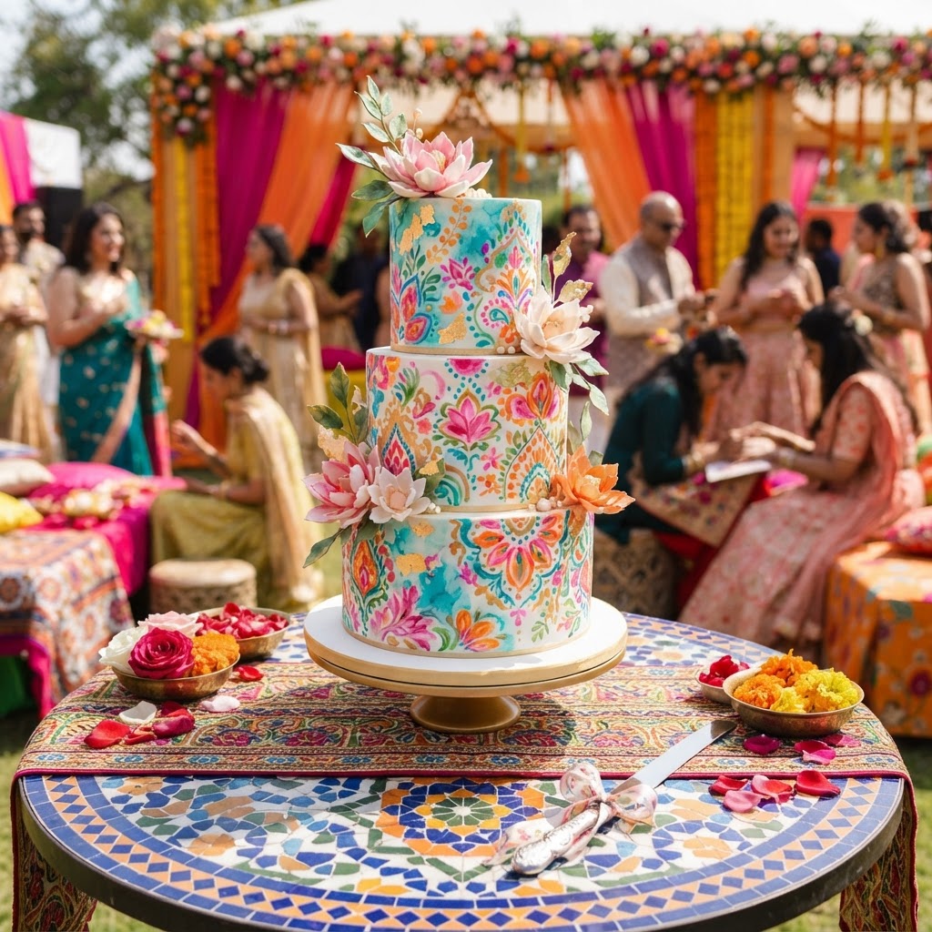 Hand Painted Floral Three Tier Wedding Cake