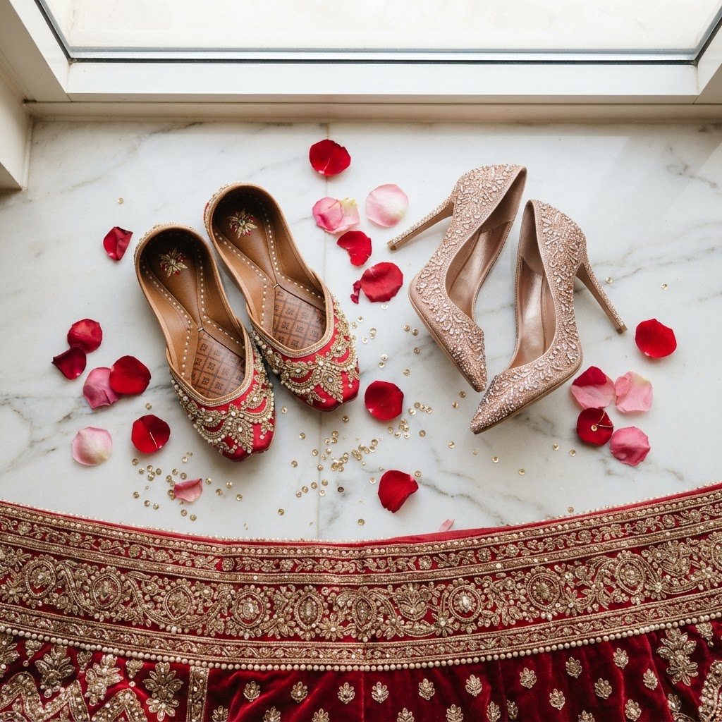 Embellished Red Juttis And Crystal Heels