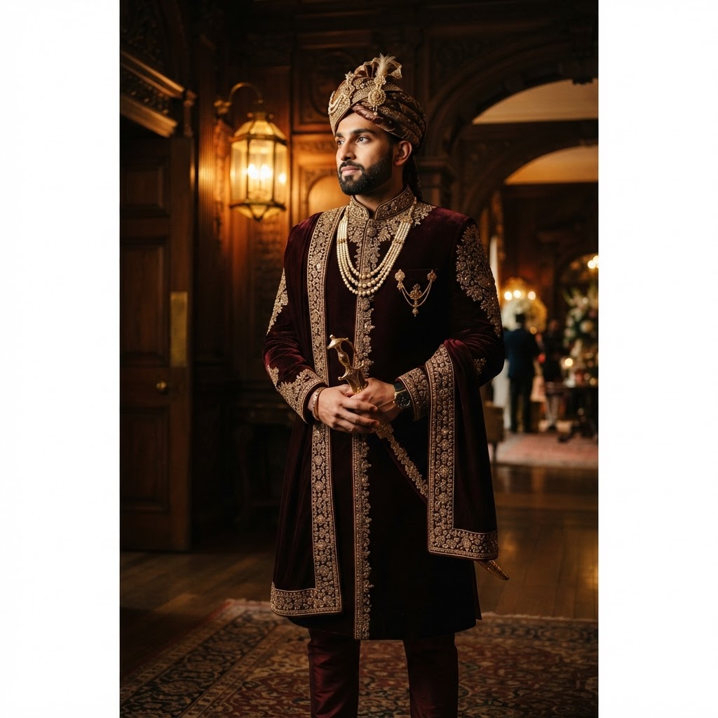Maroon Velvet Embroidered Groom Sherwani