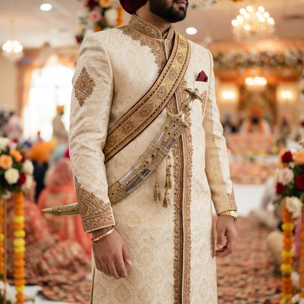 Beige Embroidered Sherwani With Ceremonial Kirpan