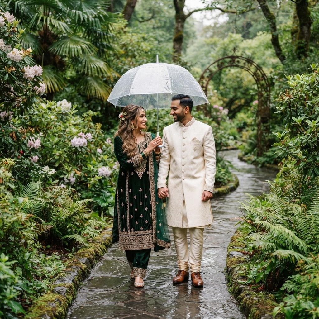 Couple Walking Through Lush Green Garden