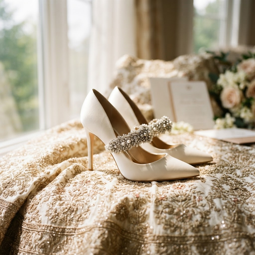 Elegant Pearl Embellished White Bridal Heels