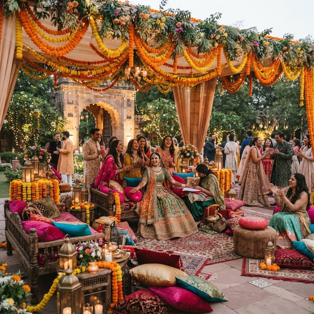 Vibrant Marigold Mehndi Setup Decoration