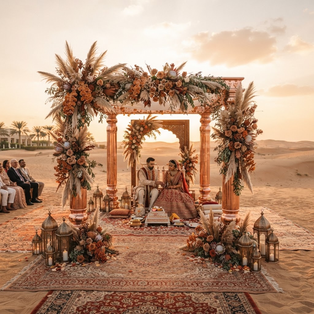 Copper Desert Mandap With Floral Decor