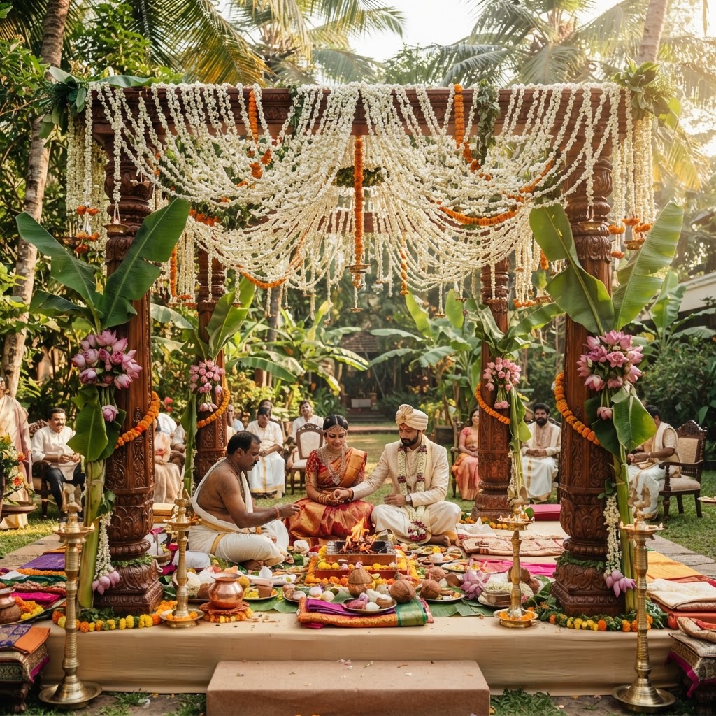 Traditional Wooden Mandap With Floral Decor