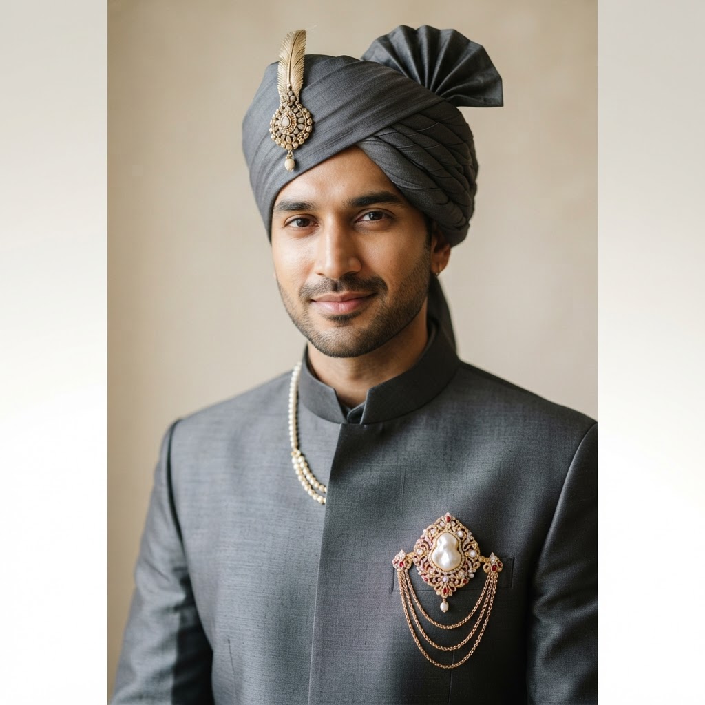Elegant Grey Groom Turban With Brooch