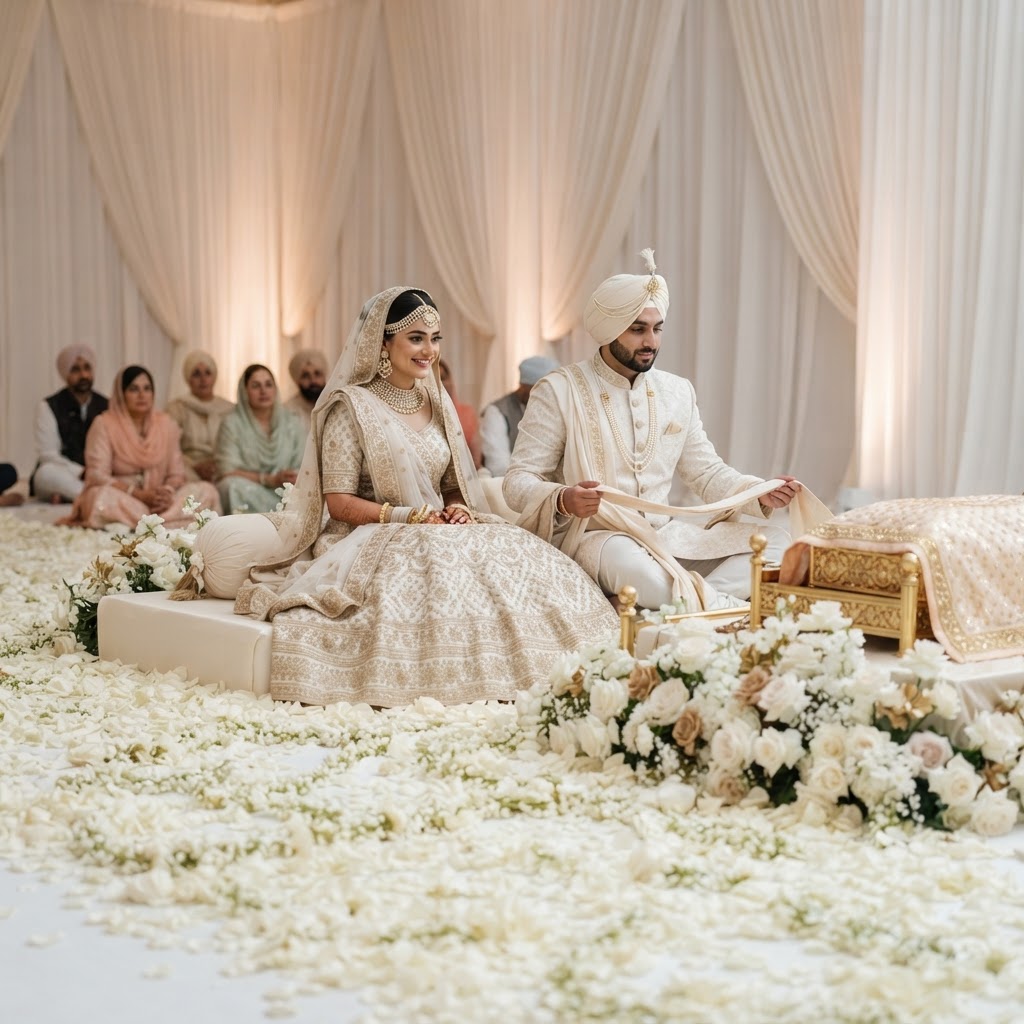 Cream And Gold Anand Karaj Couple