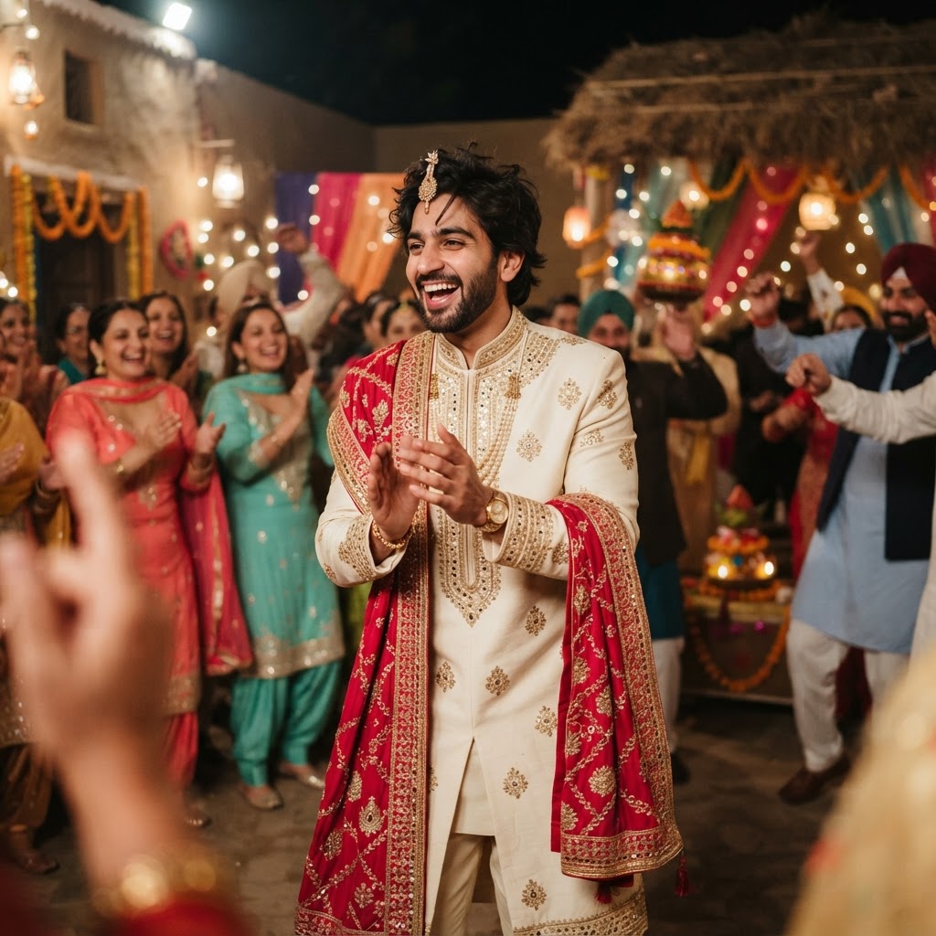 Cream Embroidered Sherwani With Red Shawl