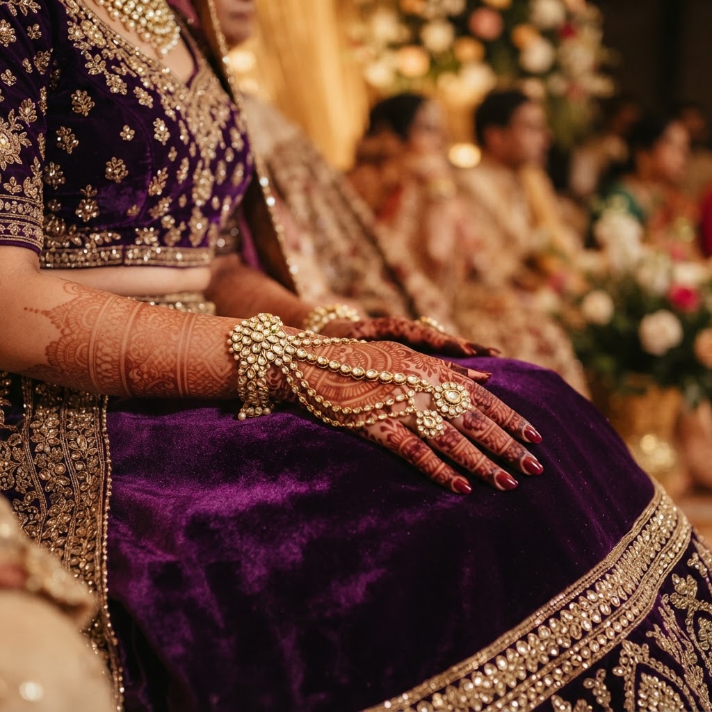 Purple Velvet Lehenga With Kundan Hathphool