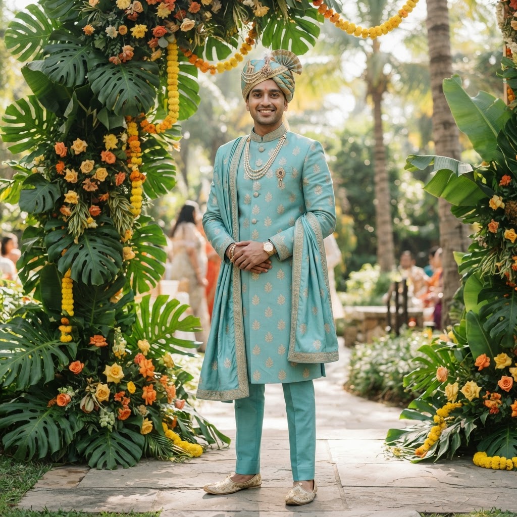 Mint Green Embroidered Groom Sherwani