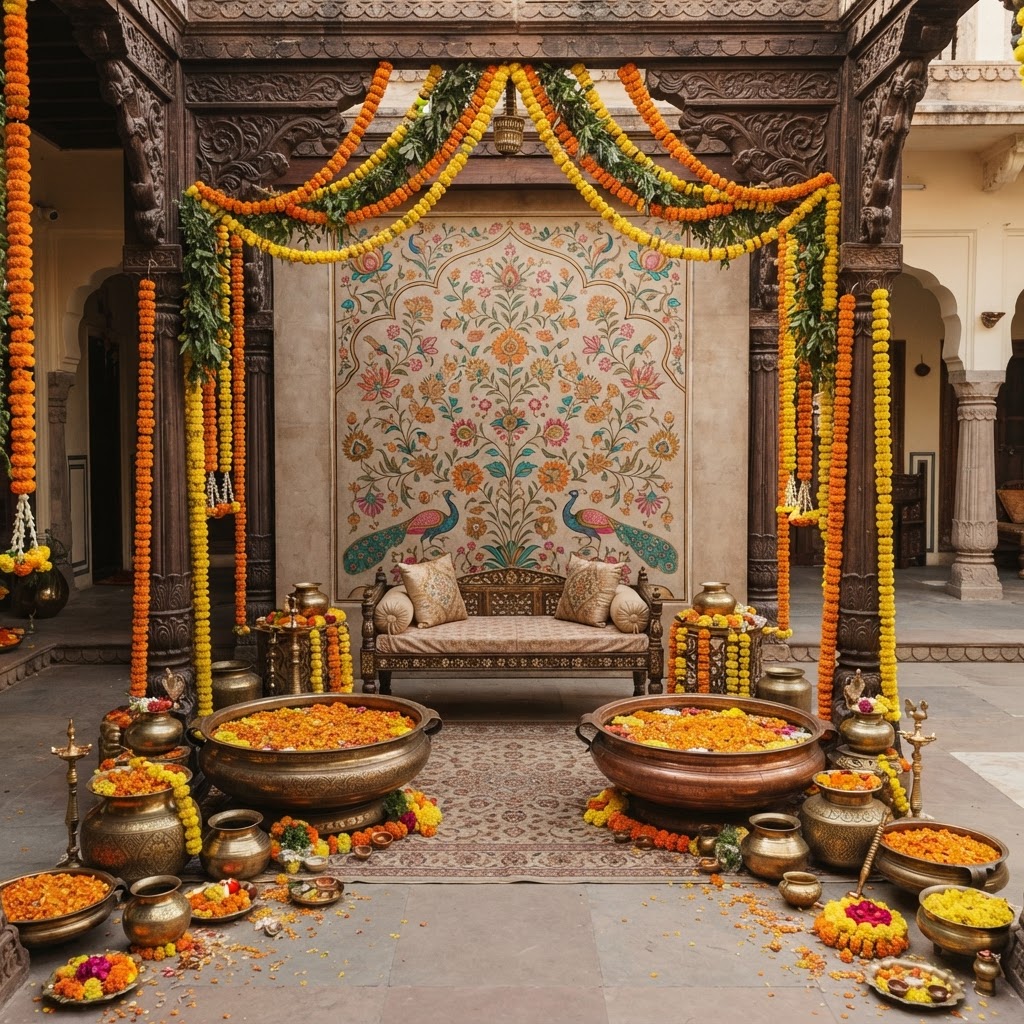 Traditional Marigold Floral Haldi Setup