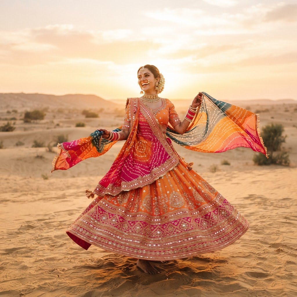 Orange And Pink Bandhani Bridal Lehenga