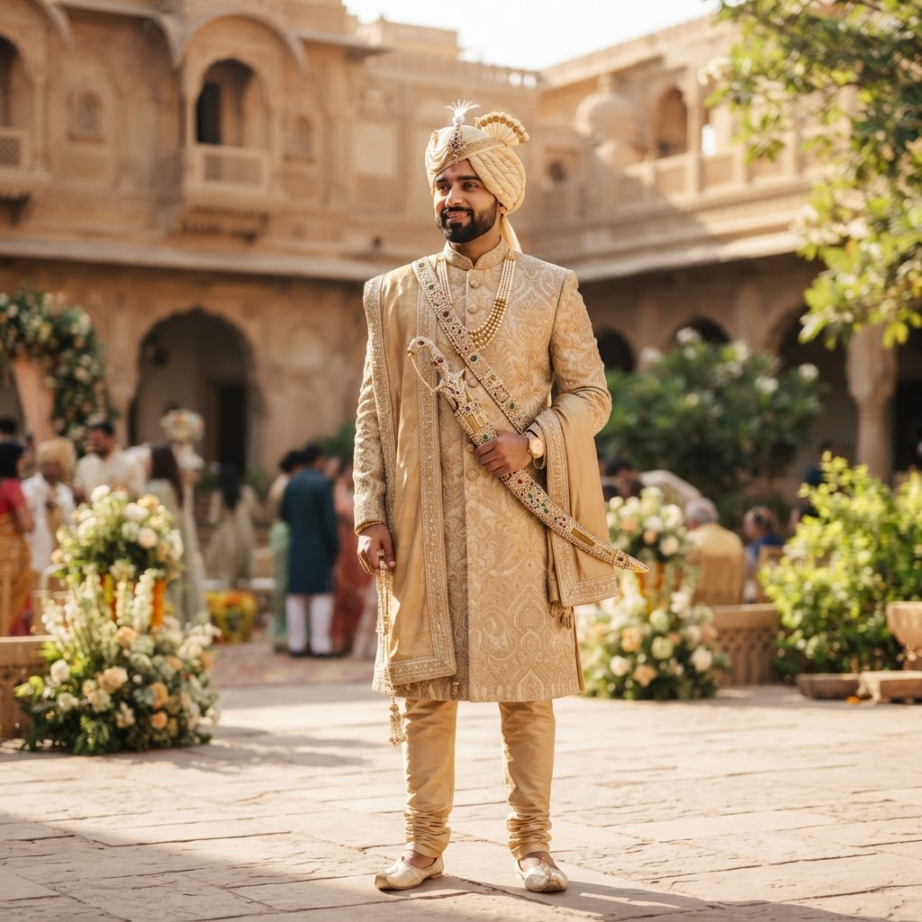 Groom In Ornate Beige Sherwani With Kirpan