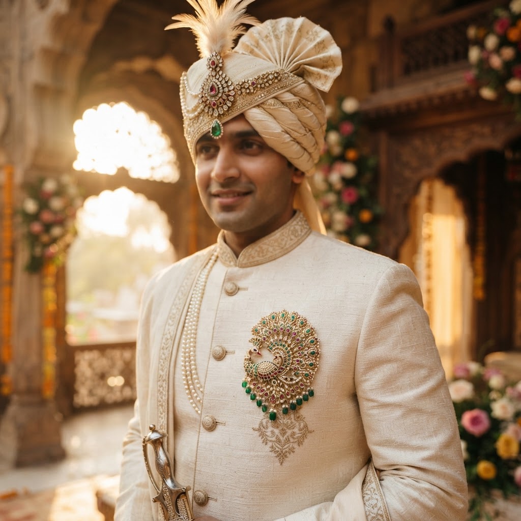 Elegant Cream Groom Sherwani With Peacock Brooch