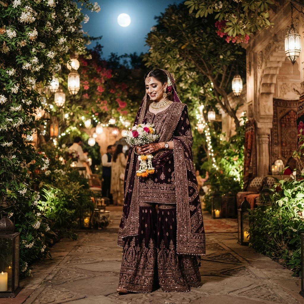 Deep Plum Velvet Gharara Reception Look