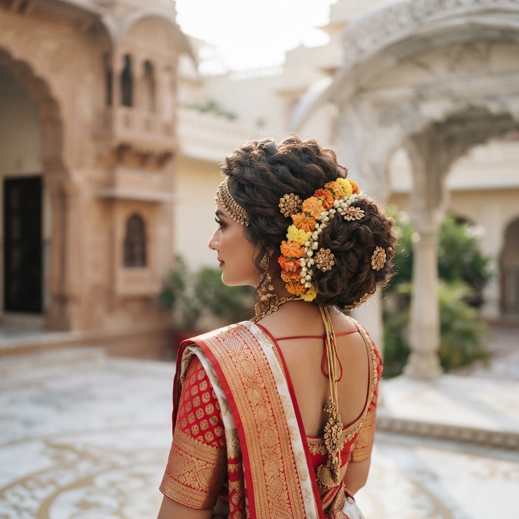 Floral Bun With Gold Maang Tikka