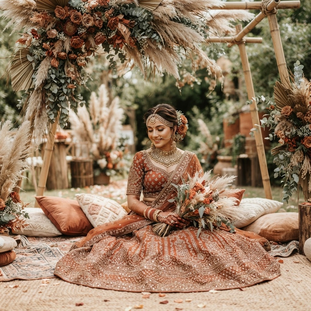 Boho Rust Floral Bridal Lehenga Portrait