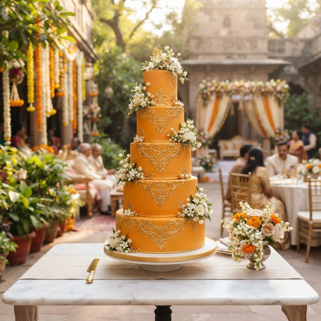 Five Tier Marigold And Gold Wedding Cake