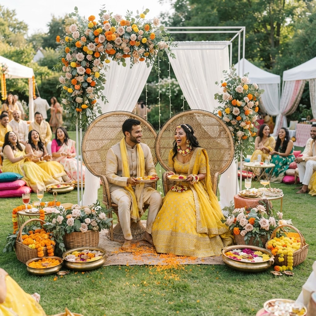 Outdoor Floral Marigold Haldi Setup