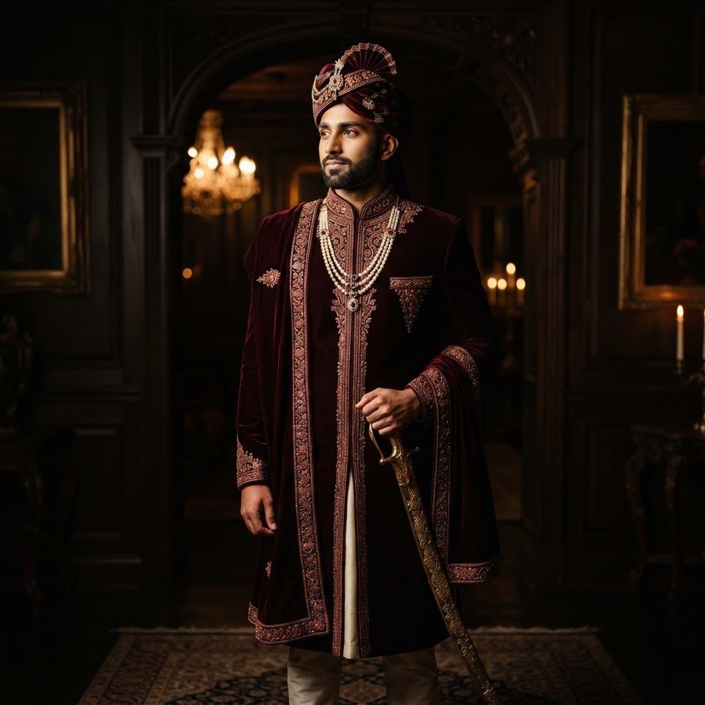 Maroon Velvet Embroidered Groom Reception Sherwani