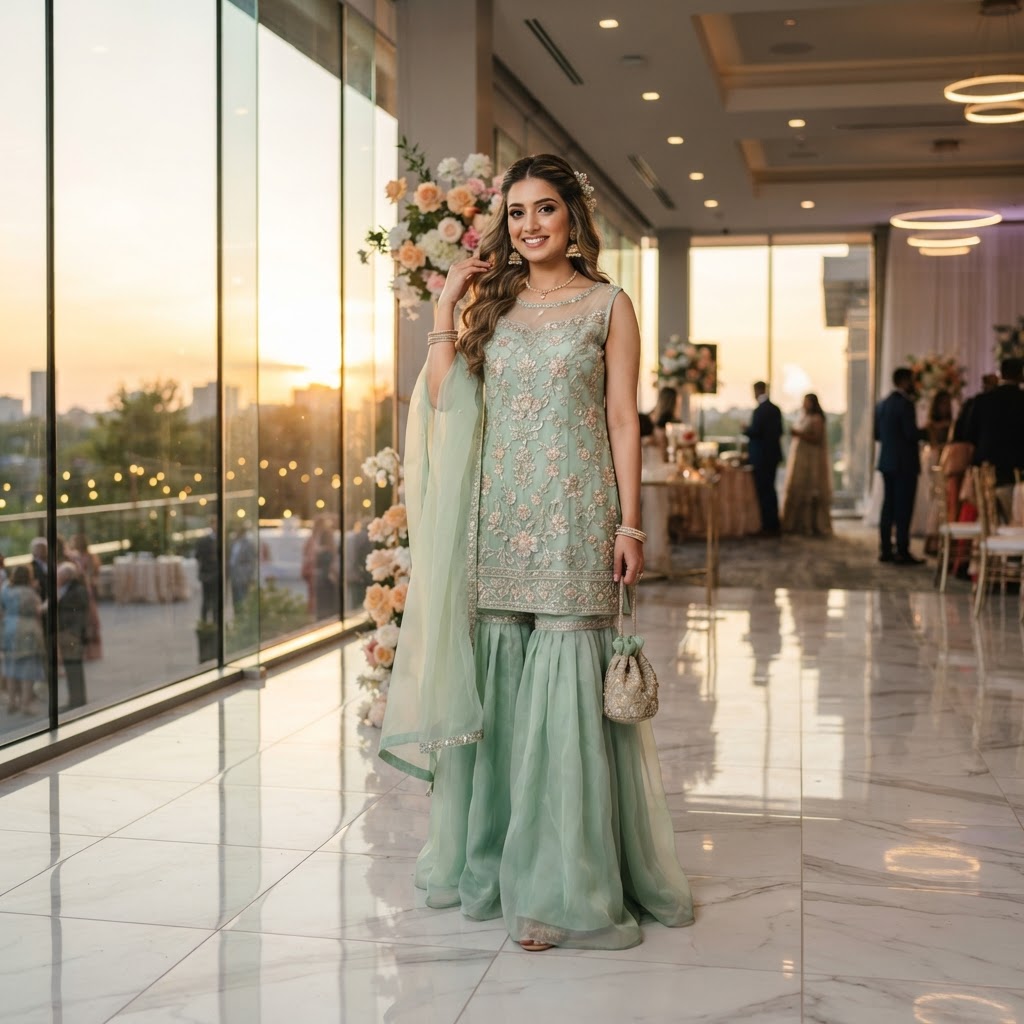 Mint Green Embroidered Gharara Set