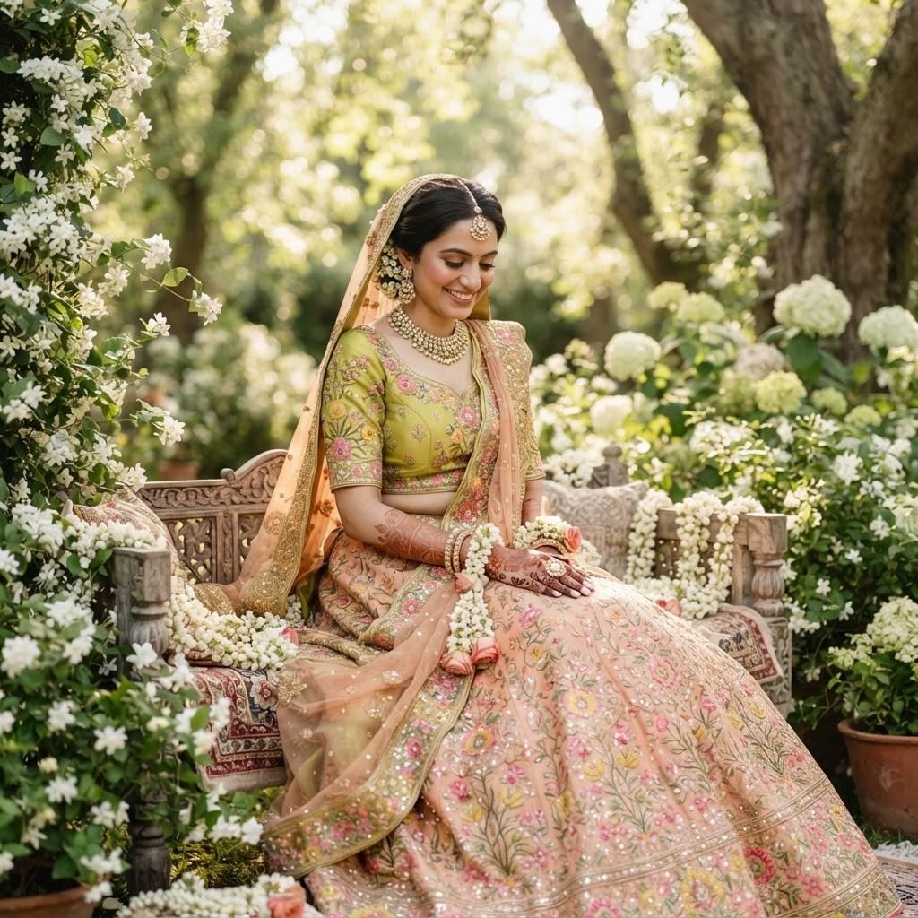 Pastel Floral Embroidered Mehndi Lehenga