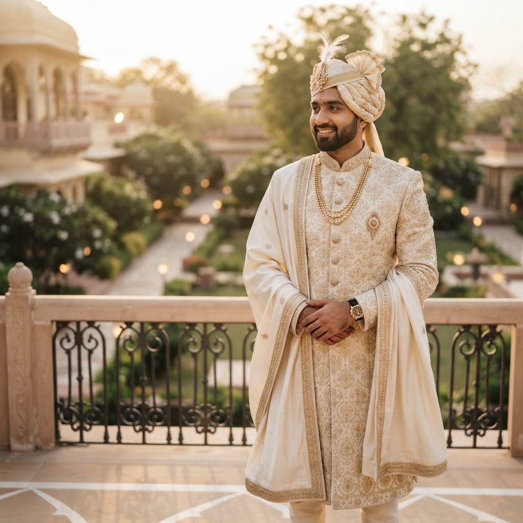 Cream Embroidered Groom Reception Sherwani