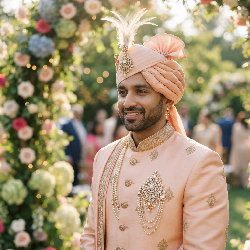 Peach Sherwani With Pearl Groom Brooch