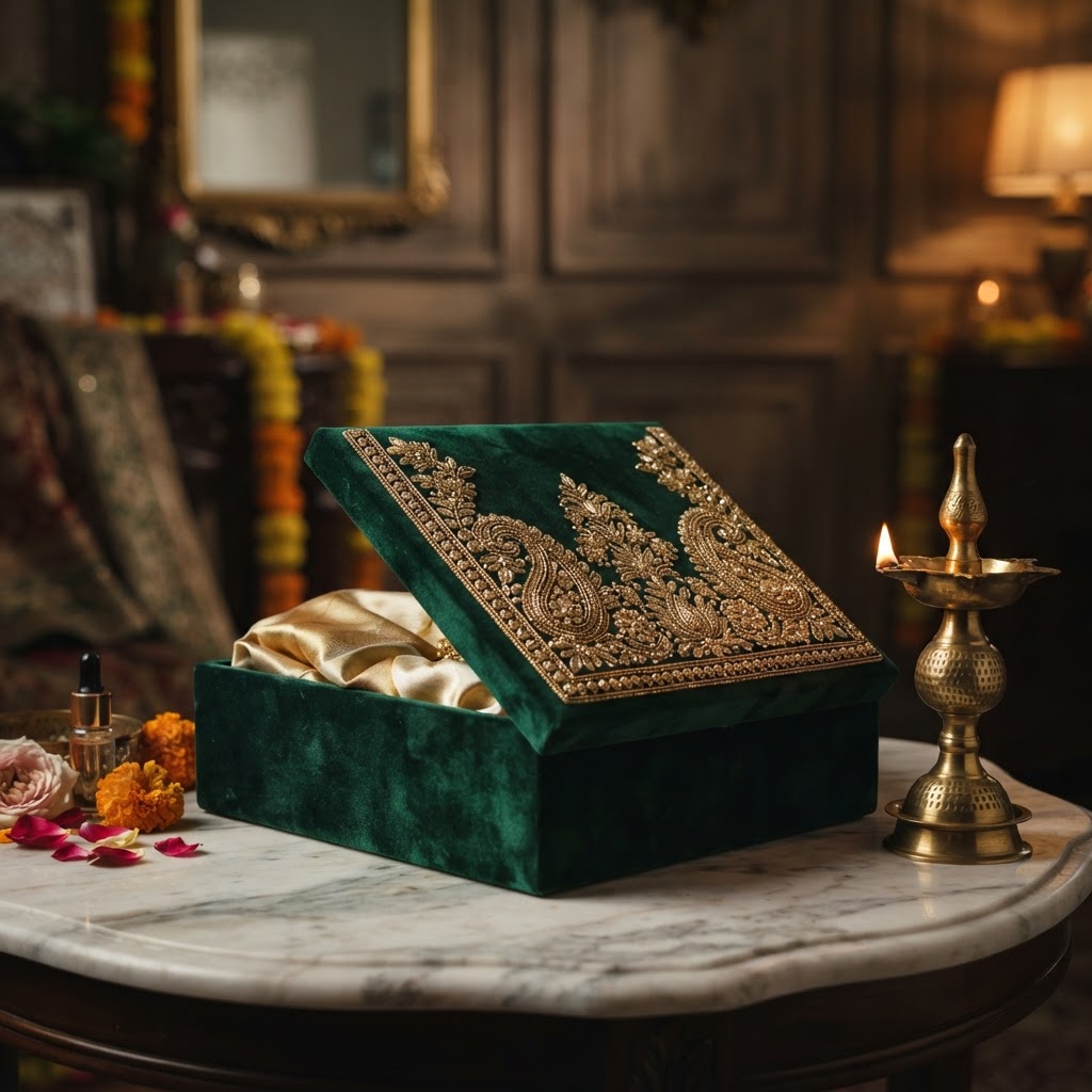 Emerald Velvet Embroidered Roka Gift Box