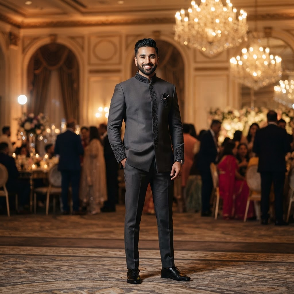 Charcoal Grey Embroidered Bandhgala Suit