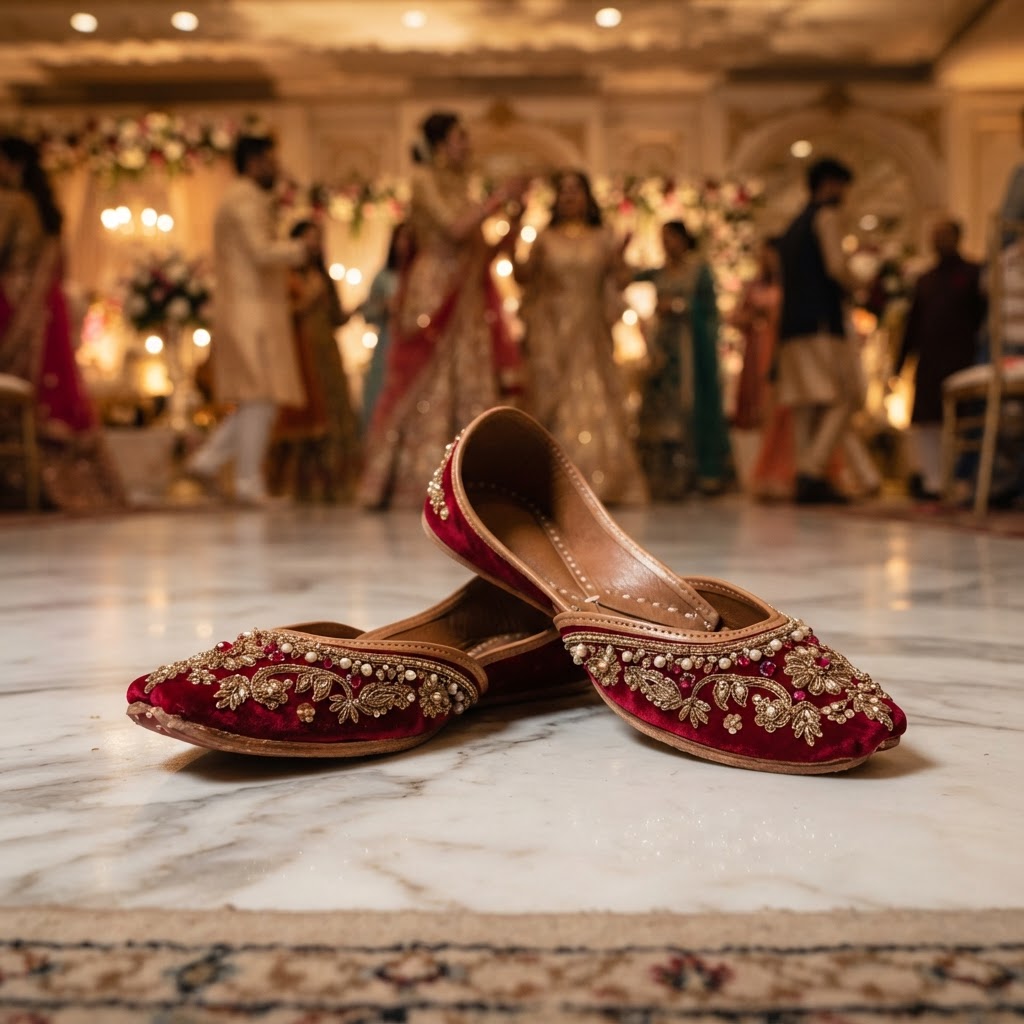 Deep Red Velvet Embroidered Bridal Juttis