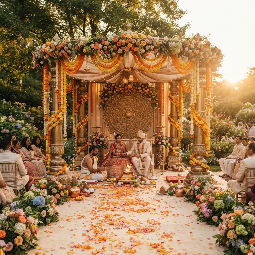 Traditional Floral Mandap With Gold Backdrop