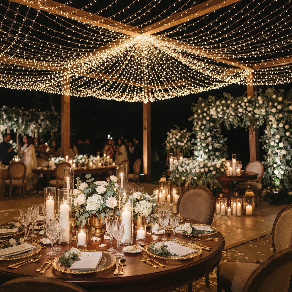 Elegant Outdoor Fairy Light Reception Decor