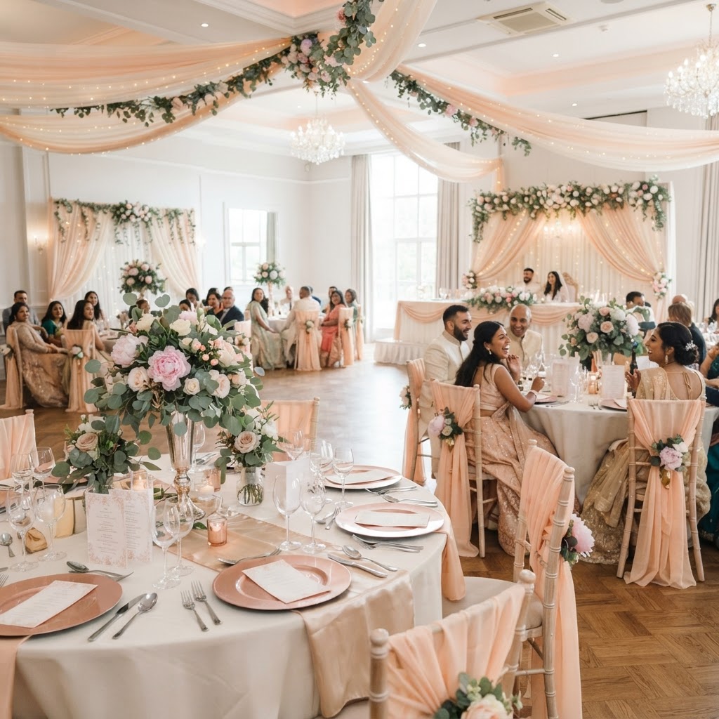 Elegant Peach And Floral Reception Decor