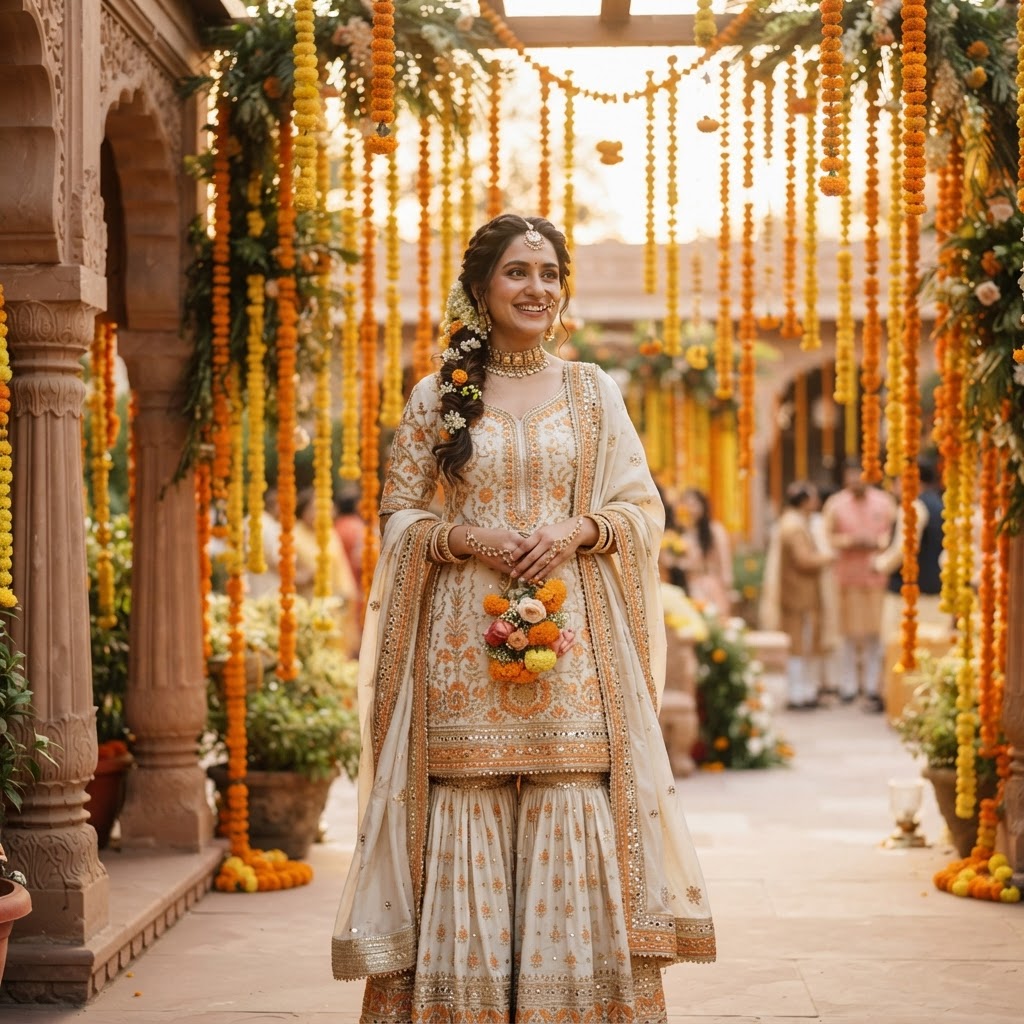 Cream And Orange Embroidered Haldi Sharara