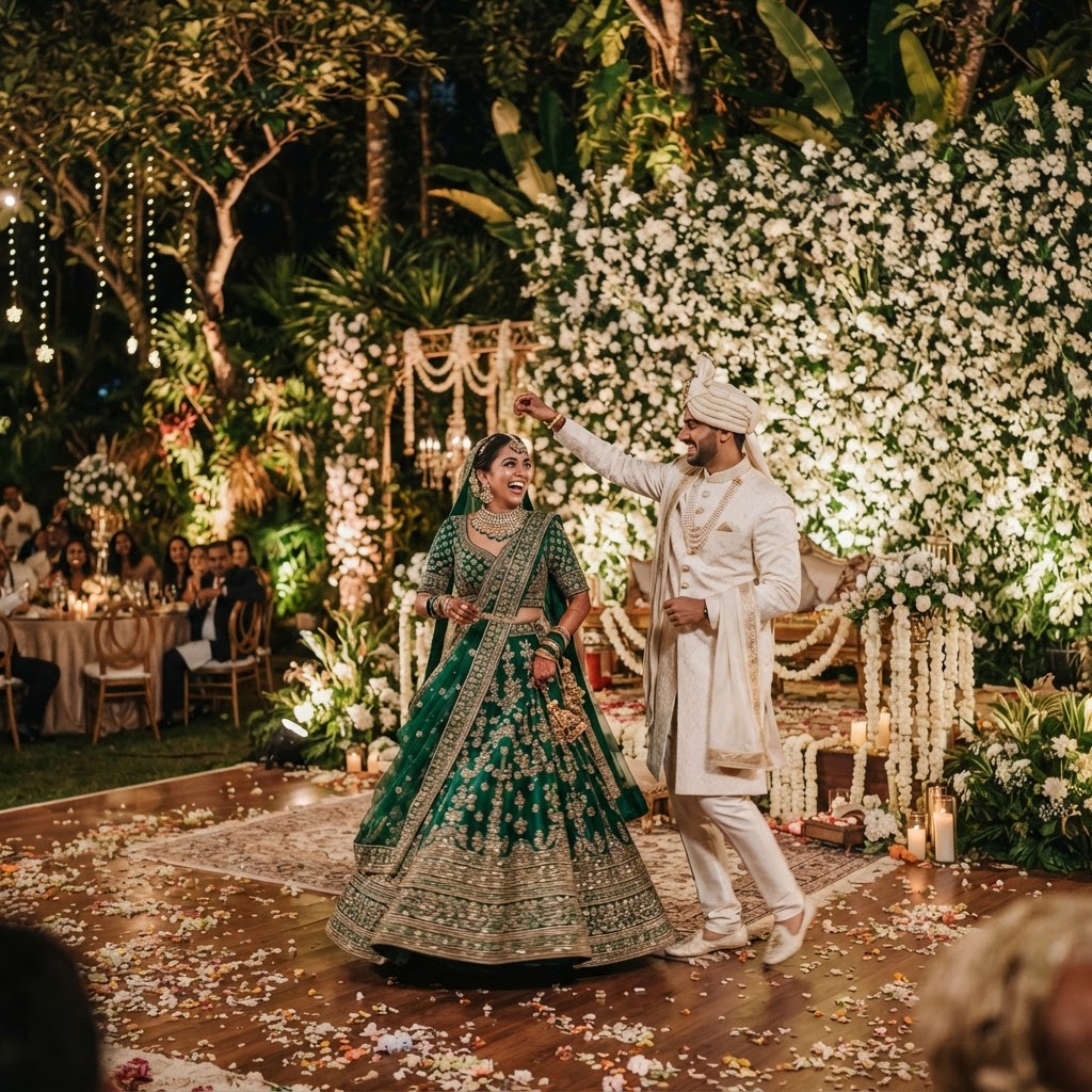 Emerald Green Lehenga And White Sherwani
