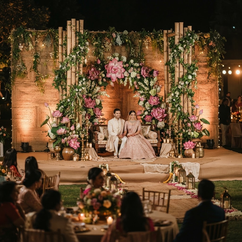 Rustic Bamboo And Lotus Floral Backdrop